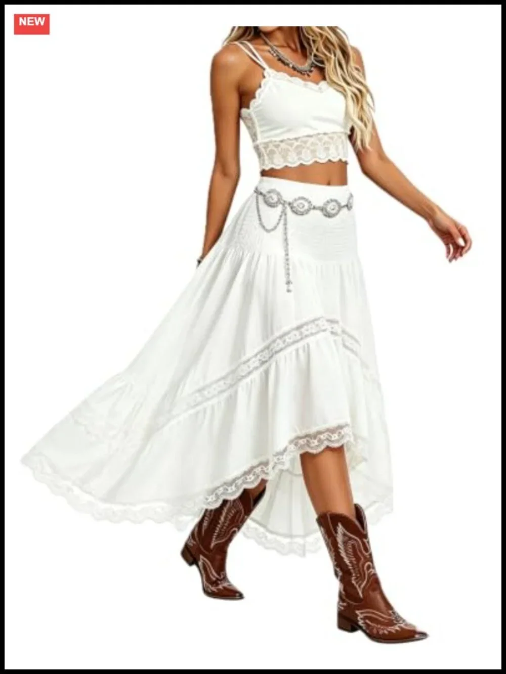 Womens Boho Maxi Skirt High Waist Flowy A-Line Long Skirt Smocked Lace Trim